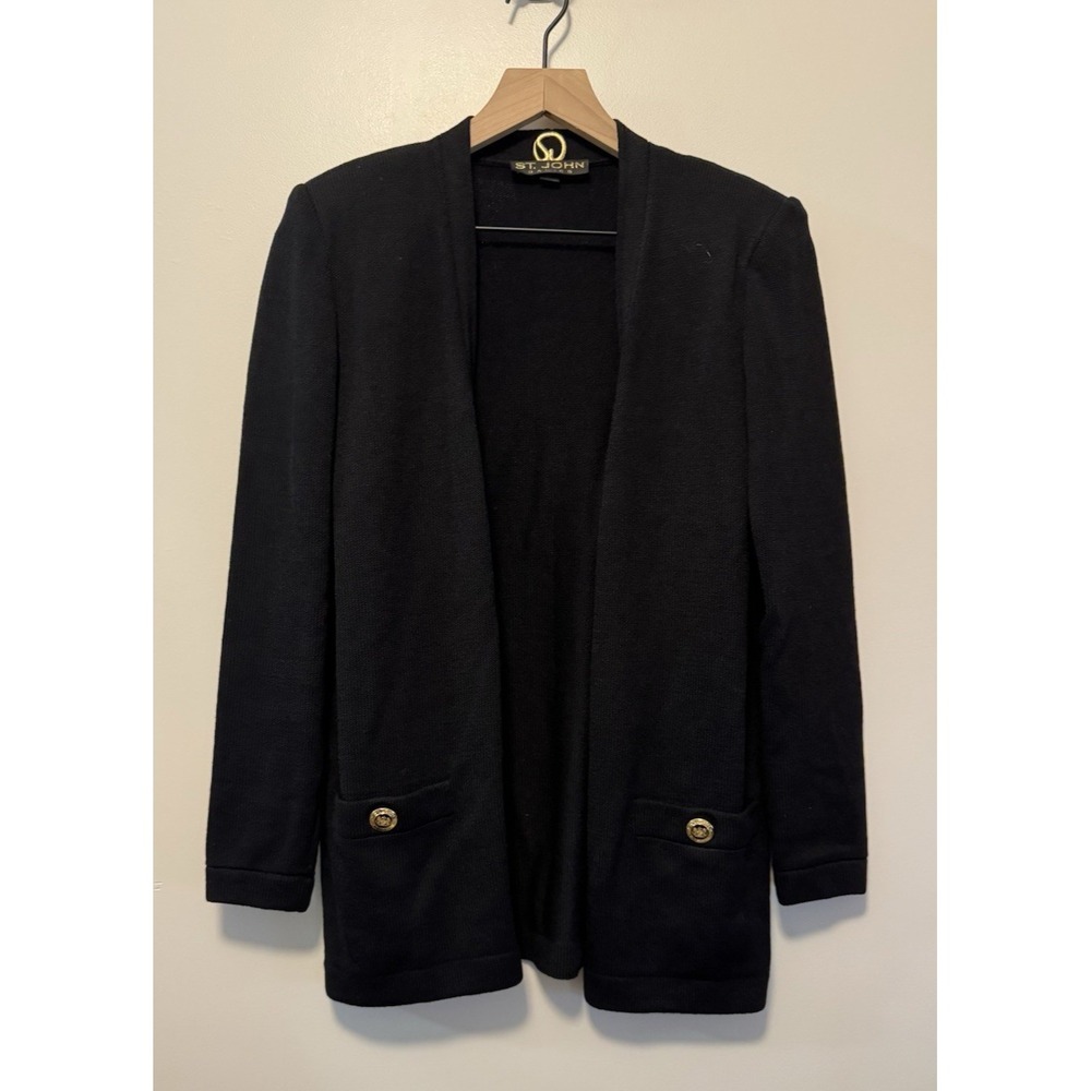 St. John Basics Black Women's Open Front Knit Cardigan / Gold Tone Hardware Sz P